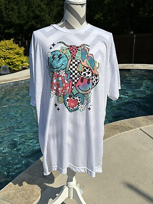 #ad Women’s Western Trendy Smile Face White Short Sleeve Graphic Tee Shirt XL $18.00