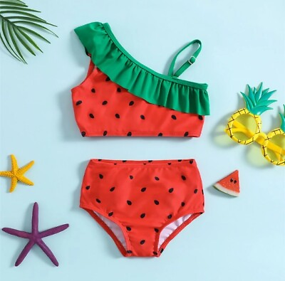 #ad NEW Girls Watermelon Ruffle Bikini Swimsuit 18M 2T 3T 4T 5T 6 $10.99