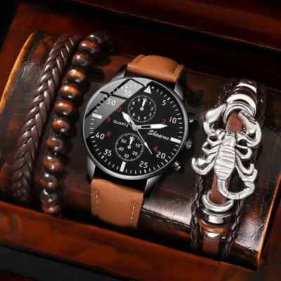 #ad 4 pc men#x27;s luxury black face sport watch amp; bracelet set leather strap big dial $12.98