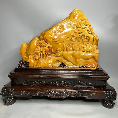 #ad 12quot; Chinese Natural Tianhuang Shoushan stone Carving Mountain Tree People Statue $1999.00