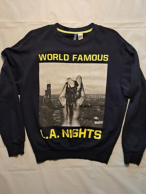 #ad Hamp;M World Famous L.A. Nights Full Print Navy Pullover Sweatshirt Men#x27;s Small $39.99