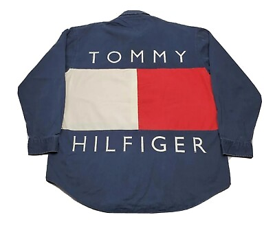Vtg Tommy Hilfiger Big Back Logo Color Block Long Sleeve Button Up Shirt Mens XL $99.90