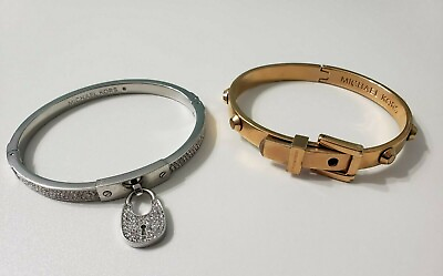 #ad MICHAEL KORS Lot of 2 Silver Padlock Goldtone Studded Buckle Bangle Bracelets $45.00