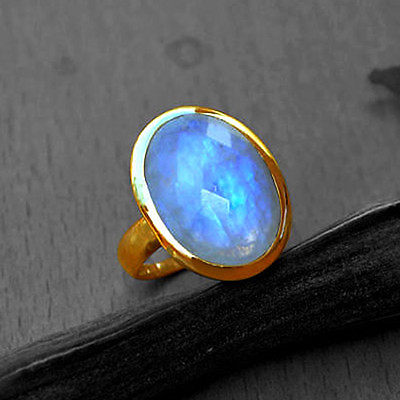 #ad Natural Fire Faceted Rainbow Moonstone Gemstone 14K Yellow Gold Plated Ring $245.00