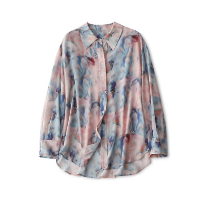 #ad Spring Women Loose Pure Silk Shirt Lapel Long Sleeve Tie dye Printing Design Top $201.39