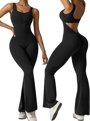 #ad Women Sleeveless Flare Jumpsuit Sexy Backless Tank Top Scrunch Butt Yoga Romper $22.04