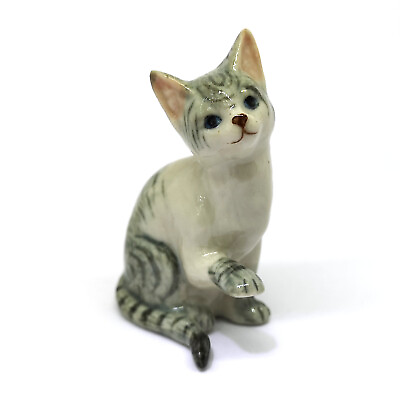 #ad Handmade Miniatures Collectible Ceramic Porcelain Gray Tiger Cat FIGURINE $7.00