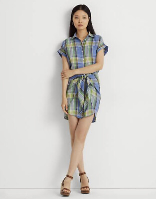 #ad NWT Lauren Ralph Lauren Women Plaid Tie Front Linen Shirtdress Blue Green Sz 12 $110.00