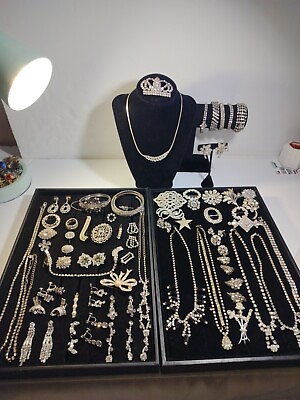 #ad Beautiful Large 64 Piece Vintage Costume Rhinestone Jewelry Lot Unsigned $300.00