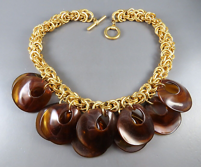 #ad VTG Gold Byzantine Chain Necklace BROWN TORTOISE Disc Dangles Pendant LUCITE $26.25