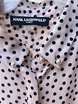 #ad KARL LAGERFELD PARIS Blouse Sz S Gorgeous Pink Black Polka Dot Pearl Buttons $16.00