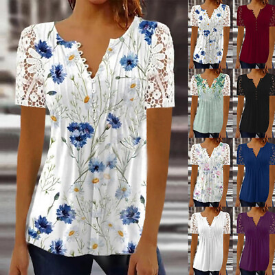 #ad Womens Lace Tops Tee Short Sleeve Blouse T Shirts Buttons Floral Casual V Ne ♬ $18.60