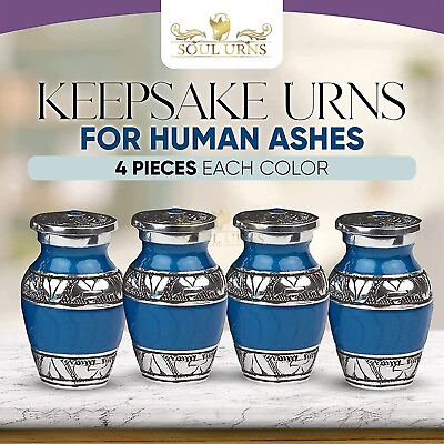 #ad Blue With Silver Bands Small Keepsake Urns for Human Ashes Set of 4 $42.99