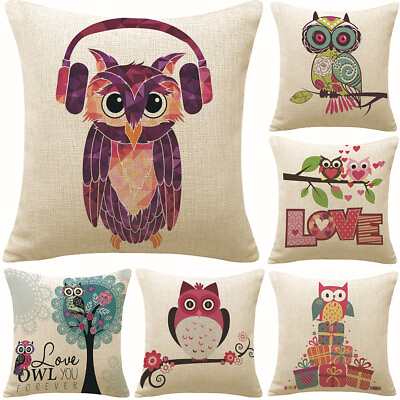 #ad 18#x27;#x27; Owl Pattern Cotton Linen Pillow Case Cushion Cover Sofa Home Decor $3.87