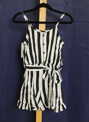 #ad NEW Girl#x27;s striped and belted romper size Medium 6y 7y $11.80