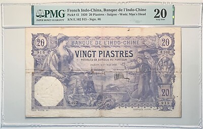 #ad 1920 French Indo China Banque de l’Indo Chine 20 Piastres Pick# 41 PMG 20 $341.00