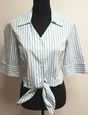 #ad Rafaella Petites Crop Top 8P Blue White Stripe. Button Up. Ties in Front. Cute $8.21