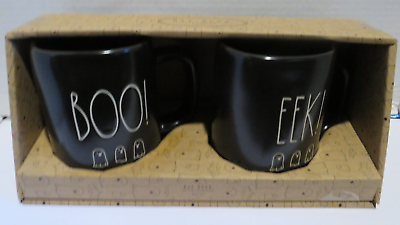 #ad Rae Dunn Halloween EEK BOO Black 20 oz Coffee Mug Set Of 2 New $19.99