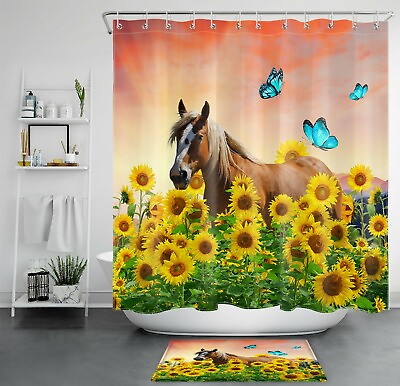 #ad Farmhouse Animal Horse Shower Curtain Sunflower Field Butterfly Bathroom Set $12.99