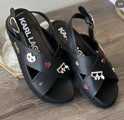 #ad KARL LAGERFELD Women leather With Logo Charm Black Sandals size 7 $71.99