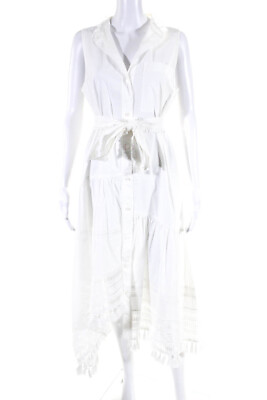 #ad 10 Crosby Derek Lam Womens Cotton Tassel Trim Button Up Dress White Size 8 $73.19