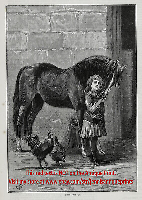 #ad Horse Pony amp; Little Girl Best Friends Greeting in Barn 1890s Antique Print $39.95