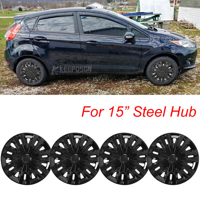 #ad 4 Black 15quot; Snap On Hub Caps Wheel Rim Full Covers For Ford Fiesta 2011 2019 $79.59