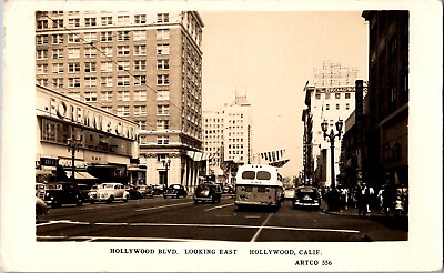 #ad Postcard RPPC California Hollywood Hollywood Blvd Theatres Cars Bus 1946 A752 $12.61