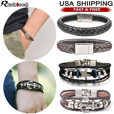 #ad Multilayer Leather Bracelet Braided Men’s Women’s Wristband Bangle Jewelry Steel $6.16