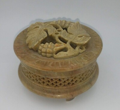 #ad Box Round Carved Stone Footed Lid Grapevine India $25.00