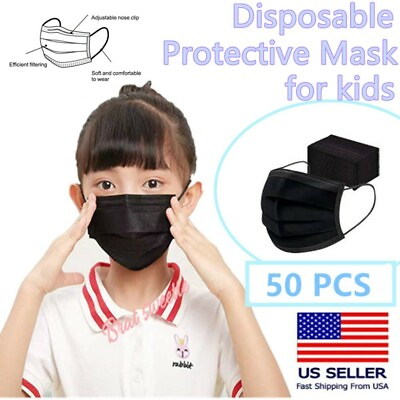 #ad 50 Pcs For Kids Children Black 3 Ply Disposable Face Mask Earloop Mouth Cover $5.97