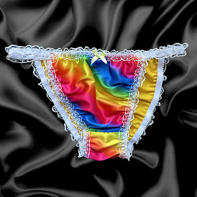 #ad Yellow Rainbow Satin Frilly Lace Bikini Tanga Underwear Panties Size M XL GBP 14.99