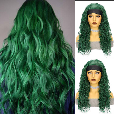 #ad Long Wavy Dark Green Headband Wigs Curly Green Hair Fashion Cosplay Party Wigs $20.67