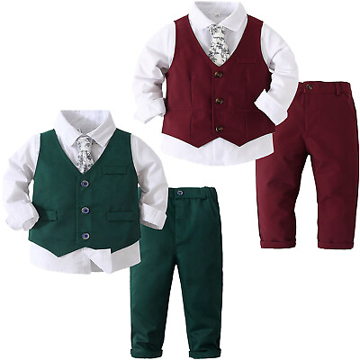 #ad Kids Boy’s Suit Gentleman Formal Outfit Vest Long Sleeve Shirt Bowtie Pants Set $26.18