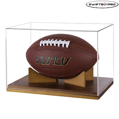 #ad Clear Football Display Case Acrylic UV Protected Memorabilia Box with Wood Stand $39.99