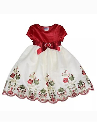 #ad BLUEBERI BOULEVARD Little Girls Velvet and Embroidered Red Beige Dress Size 4 $19.95