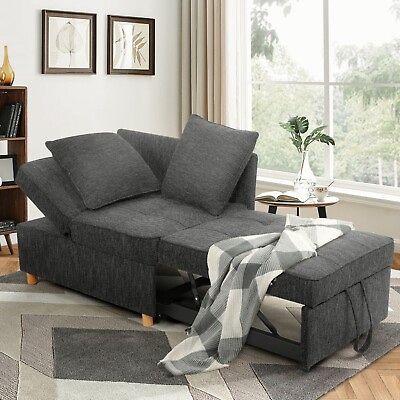 #ad 4 in 1 Convertible Sleeper Chair Bed Linen Sofa Bed for Home w 2 Throw Pillows $207.99