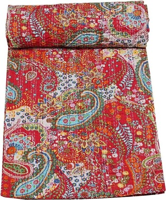 #ad Indian Paisley Print Cotton Kantha Quilt Bedspread Throw Kantha Bedding Blanket $32.79