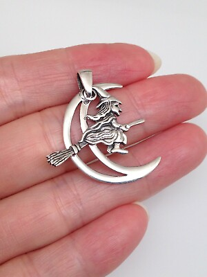 #ad Crescent Moon amp; Witch Pendant for necklace 925 Sterling Silver Charm 26mm 31mm $27.95