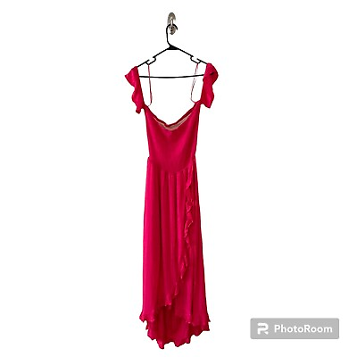 #ad CBRAND Hot Pink Off The Shoulder Smock Wrap Hi Lo Beach Ruffle Hem Maxi Dress XL $34.00