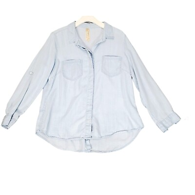 #ad LIVERPOOL Women Button Up Large Chambray 100% Lyocell Blue Boyfriend Long Sleeve $15.88