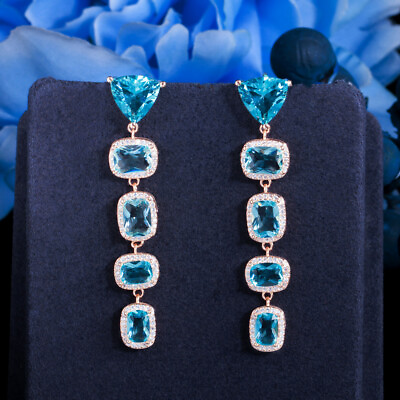 #ad Light Blue CZ Women Long Geometric Big Dangle Drop Earrings 925 Silver Jewelry $8.82