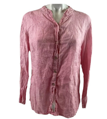 #ad Charlie B Shirt Women’s Large Pink Linen Top Pink Roll Tab Sleeve T570 $16.95