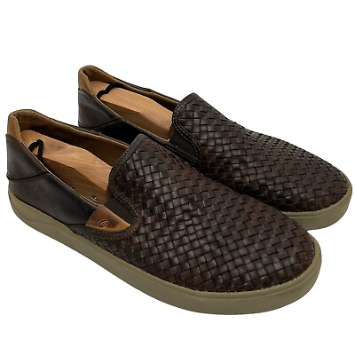 #ad Olukai Lae#x27;ahi Lauhala Dark Wood Brown Mens Slip On Sneakers Leather Size 10.5 $62.50