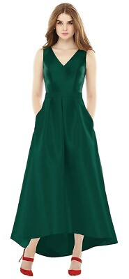 #ad Alfred Sung Sleeveless Pleated High Low Gown Pockets Hunter Green New Size 10 $89.95