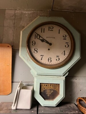 #ad Antique Oak School House Regulator Clock – Ingraham With Pendulum – Light Blue $95.00
