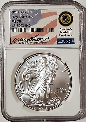 #ad 2018 1 Oz Silver $1 AMERICAN EAGLE NGC MS70 ER Miles Standish Signature Coin. $129.95