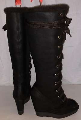 #ad 36.5 6.5❤️Sergio Rossi Brown Shearling Knee High HEEL Wedge TALL Boots ITALY $285.00