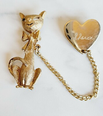 #ad Brooch Kitty Cat Gold Tone Heart Attached to Cat Engraved Sharon 2quot; x 1quot; $22.99