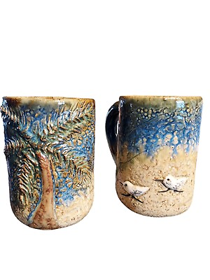 #ad Art Studio Pottery Mugs Signed 3D Palm Trees Shorebirds Sand Blue 4.5 quot; Tea Cup $24.00